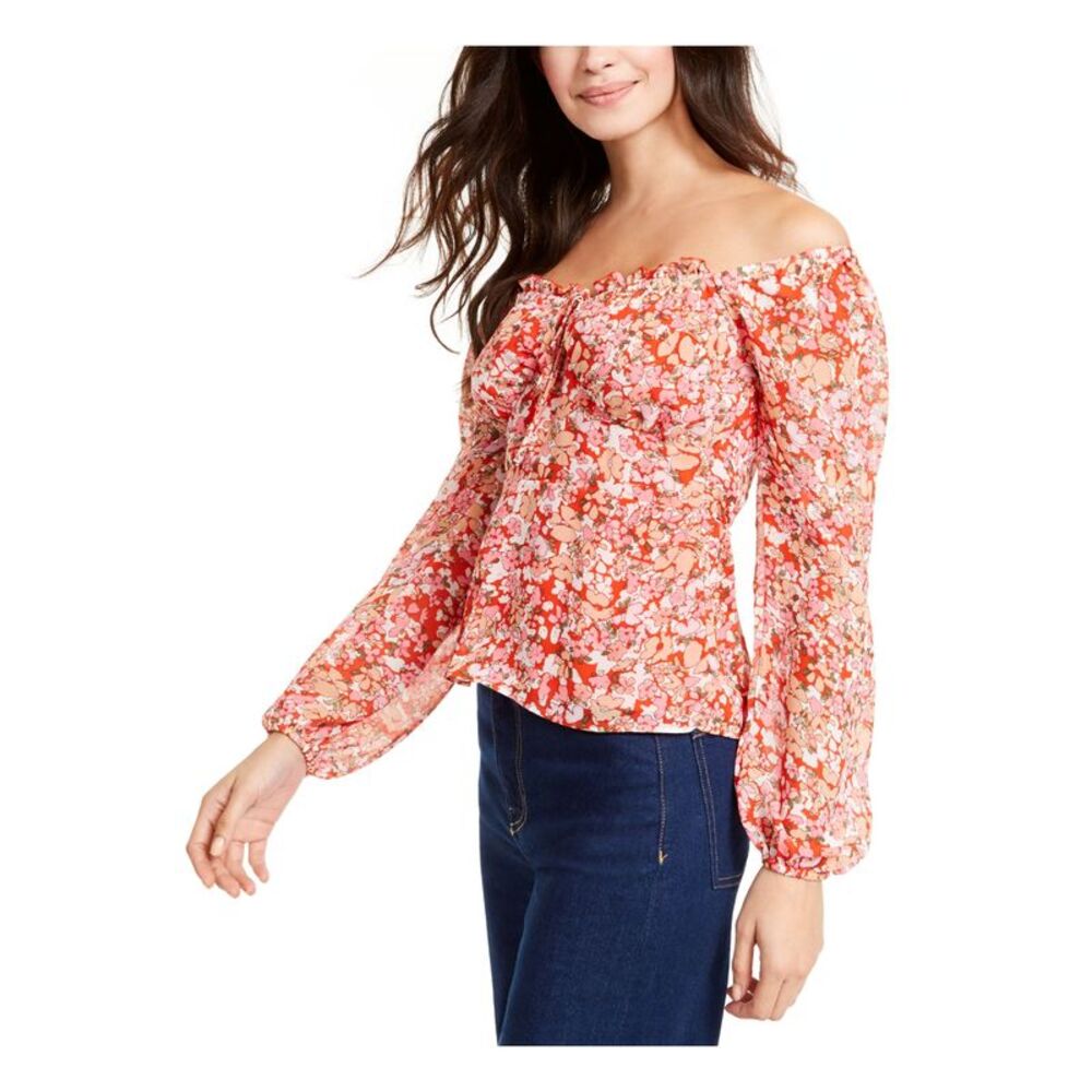Q+A Los Angeles Womens Red Ruffled Tie Floral Long Sleeve Off Shoulder Top XS